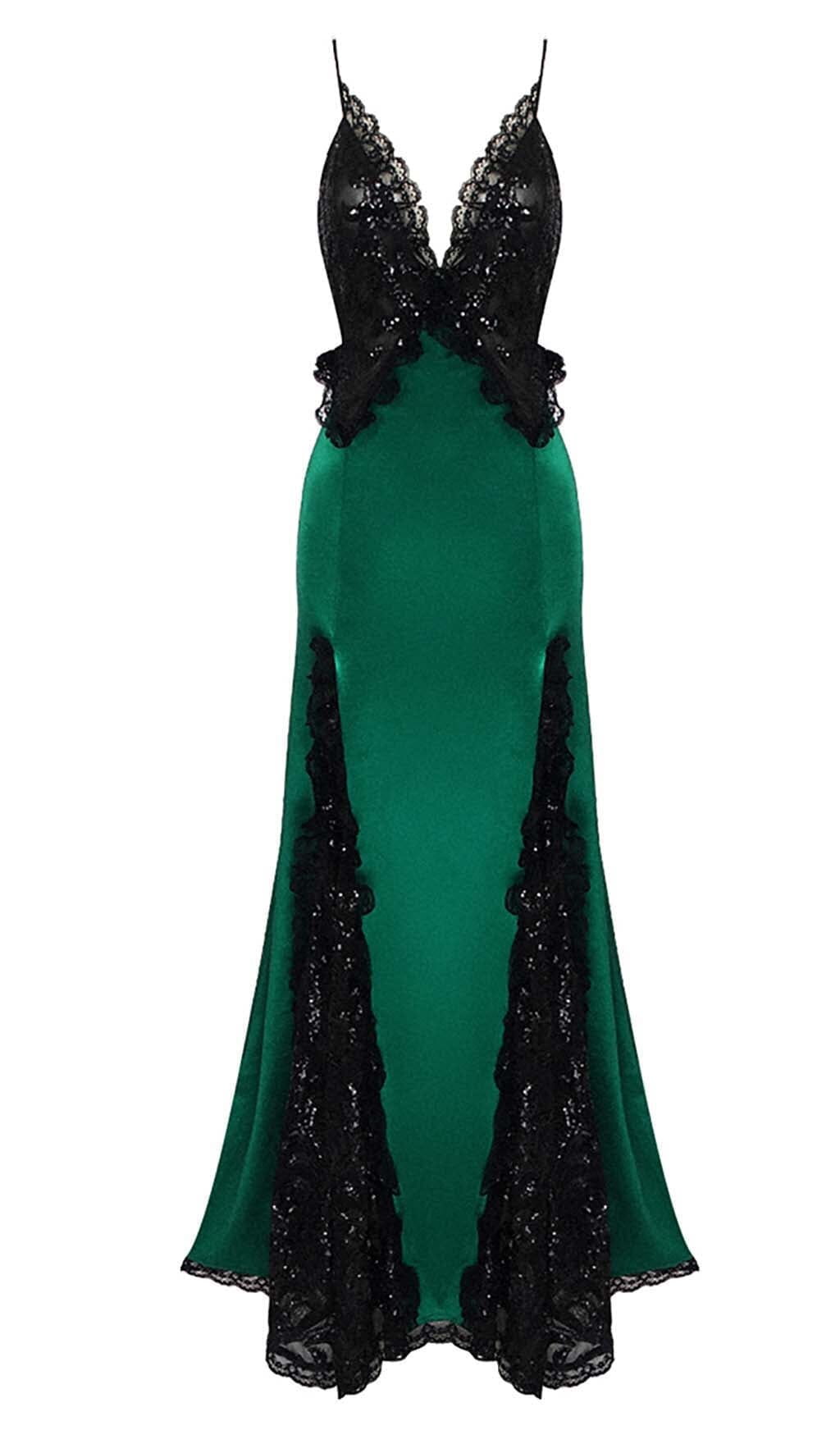 RUFFLED SILK SATIN MAXI DRESS IN GREEN