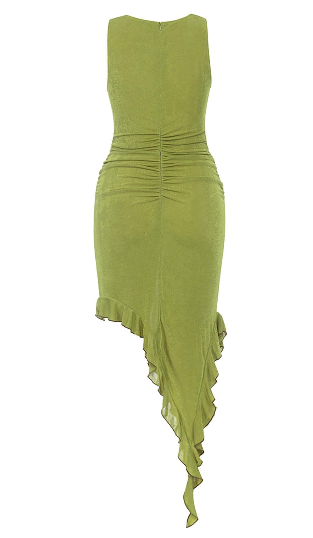 RUFFLE SLIT MIDI DRESS IN DARK CHARTREUSE