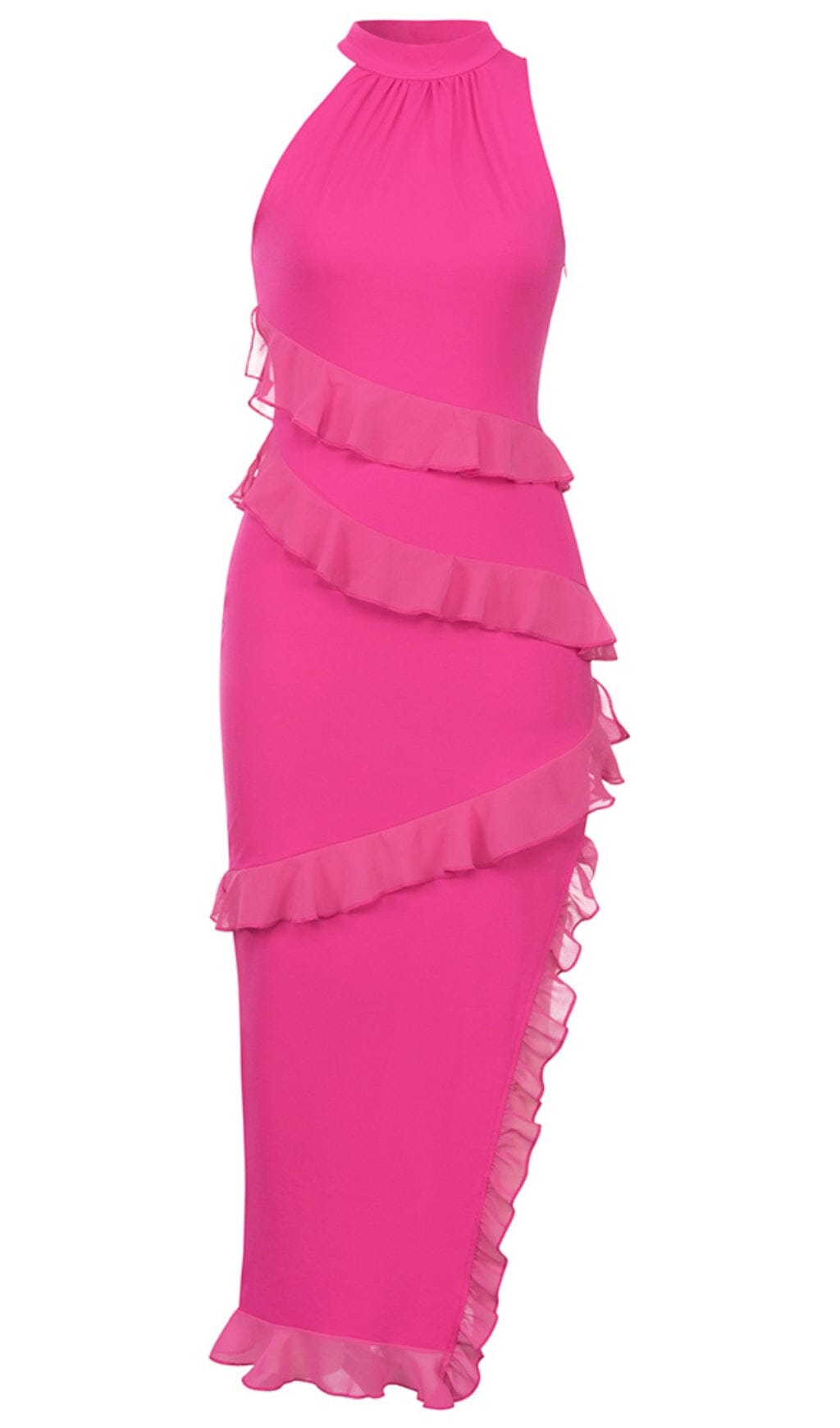 RUFFLE SPLIT MIDI DRESS IN STRONG MAGENTA