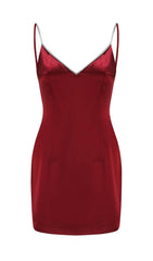 SATIN BOW BACK MINI DRESS IN WINE RED