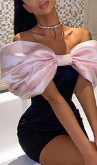 SATIN PINK BOW OFF SHOULDER MINI DRESS