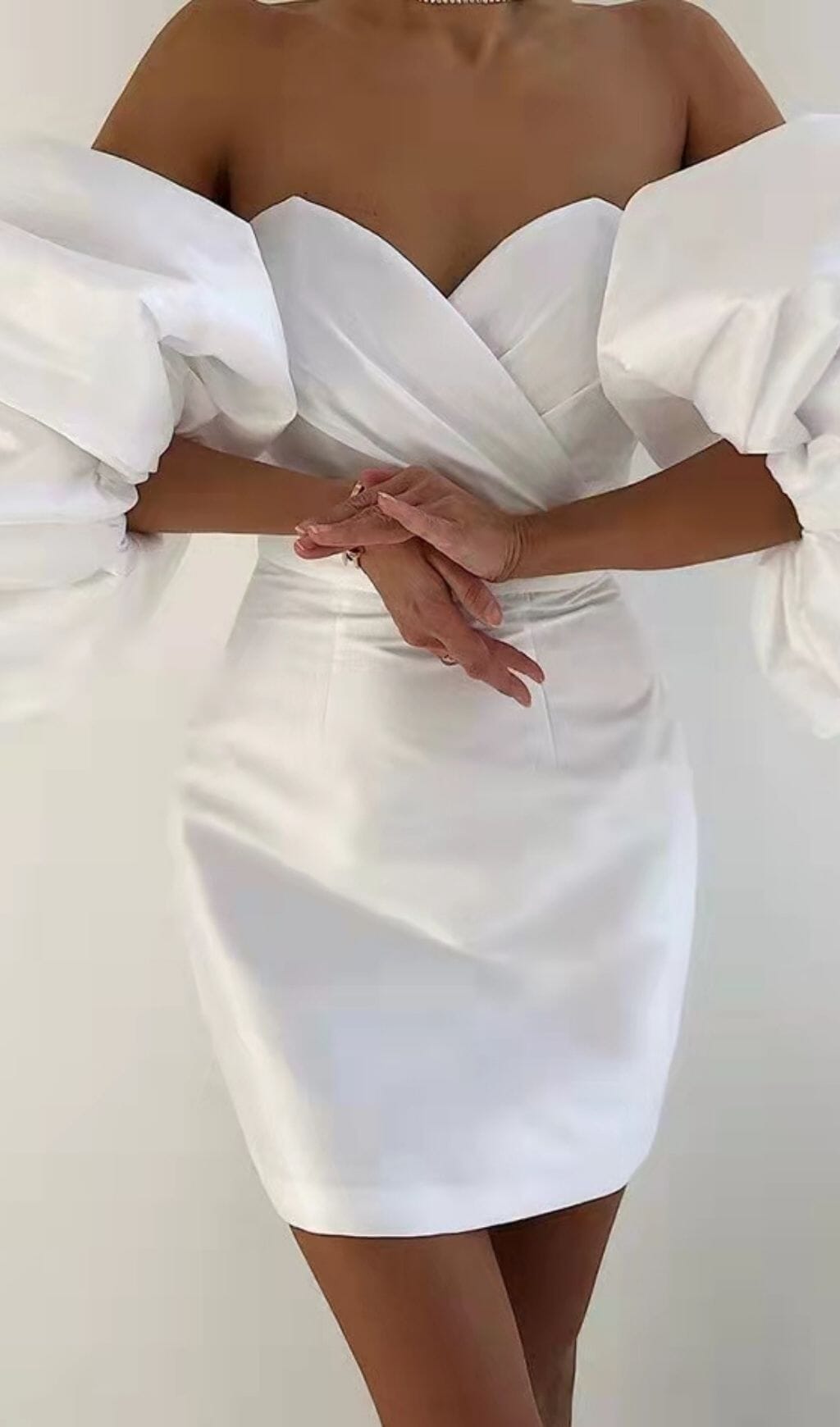 SATIN PUFF SLEEVE MINI DRESS IN WHITE