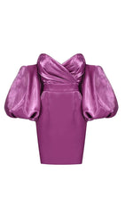 SATIN PUFF SLEEVE MINI DRESS IN DRAK PURPLE