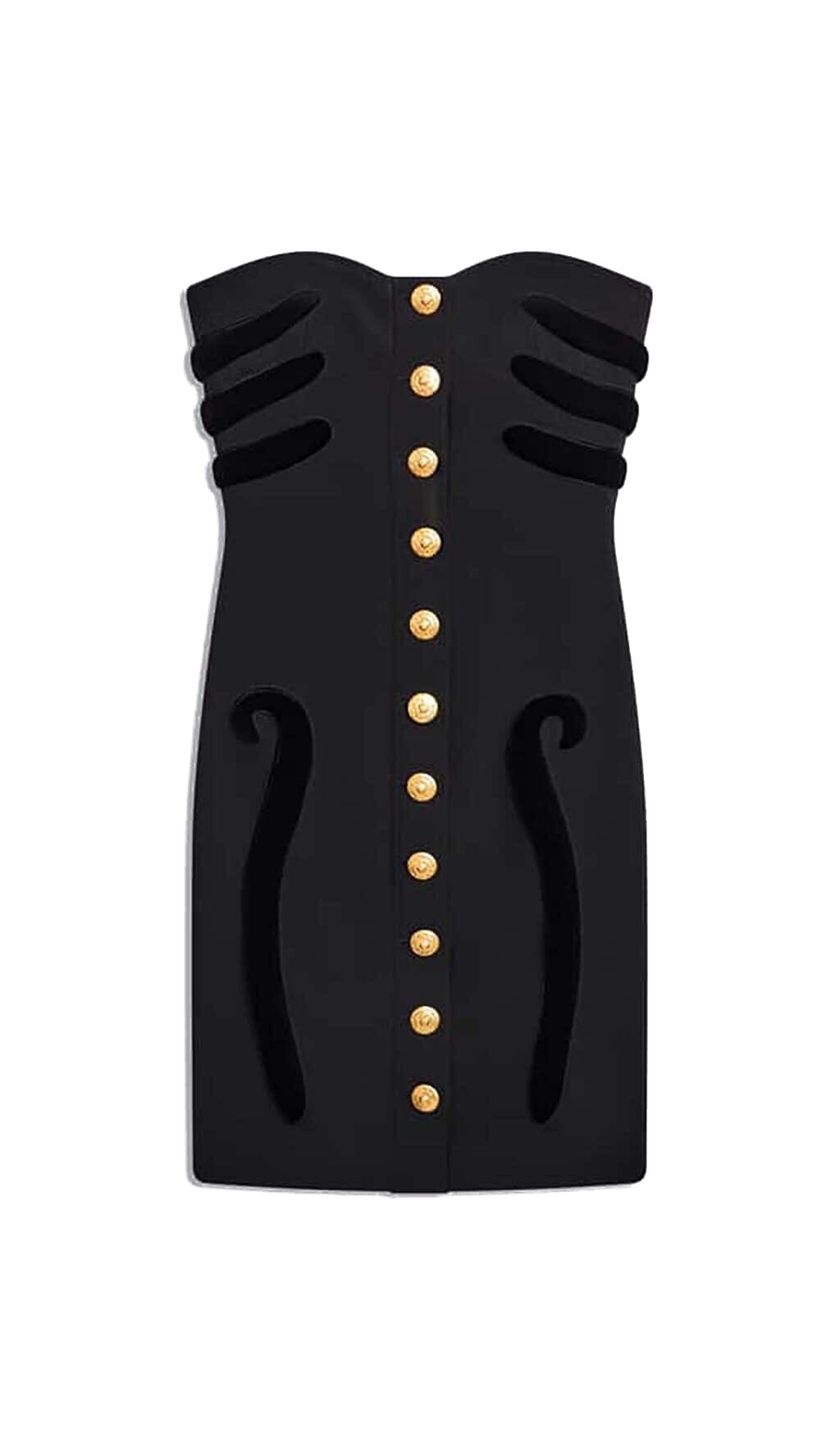 SCULPTURE BUTTON MINI DRESS IN BLACK