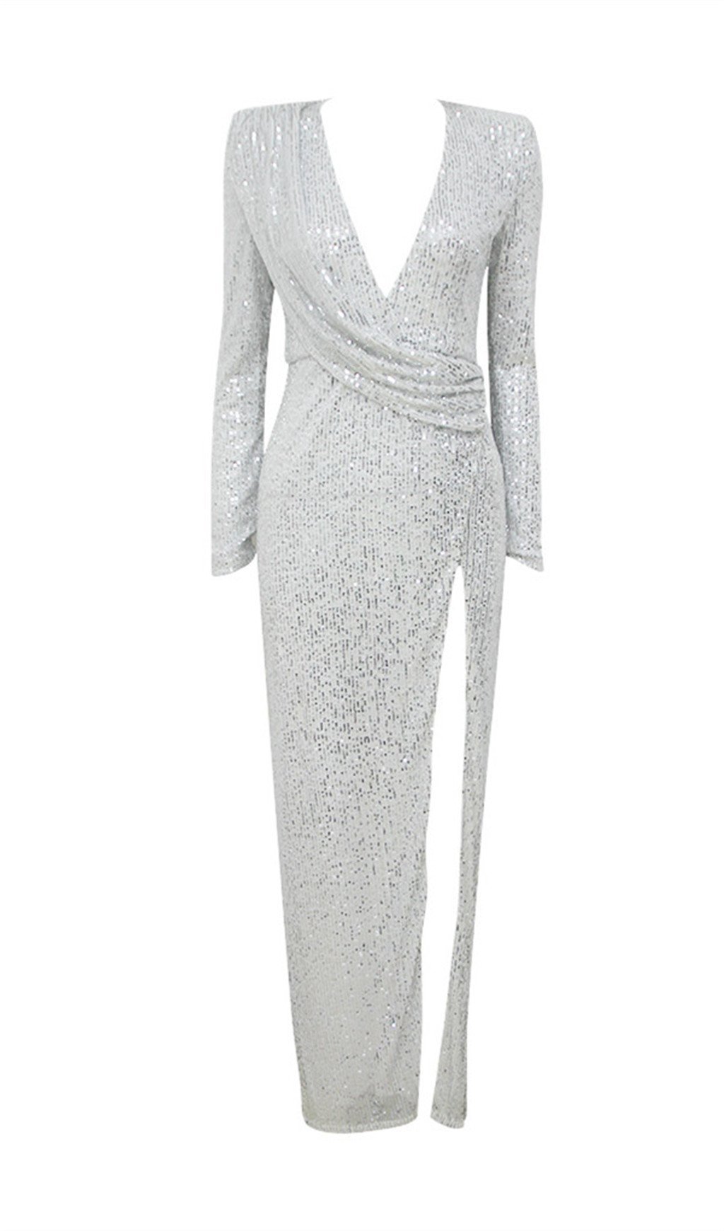 SILVER SEQUINED V-NECK LONG DRESS