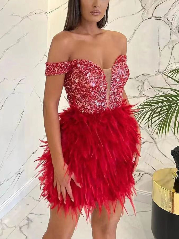 Feather Sequin Off Shoulder Dress