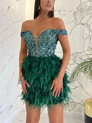 Feather Sequin Off Shoulder Dress