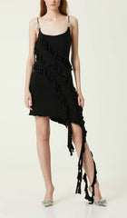 SLEEVELESS LRREGULAR RUFFLE MINI DRESS IN BLACK