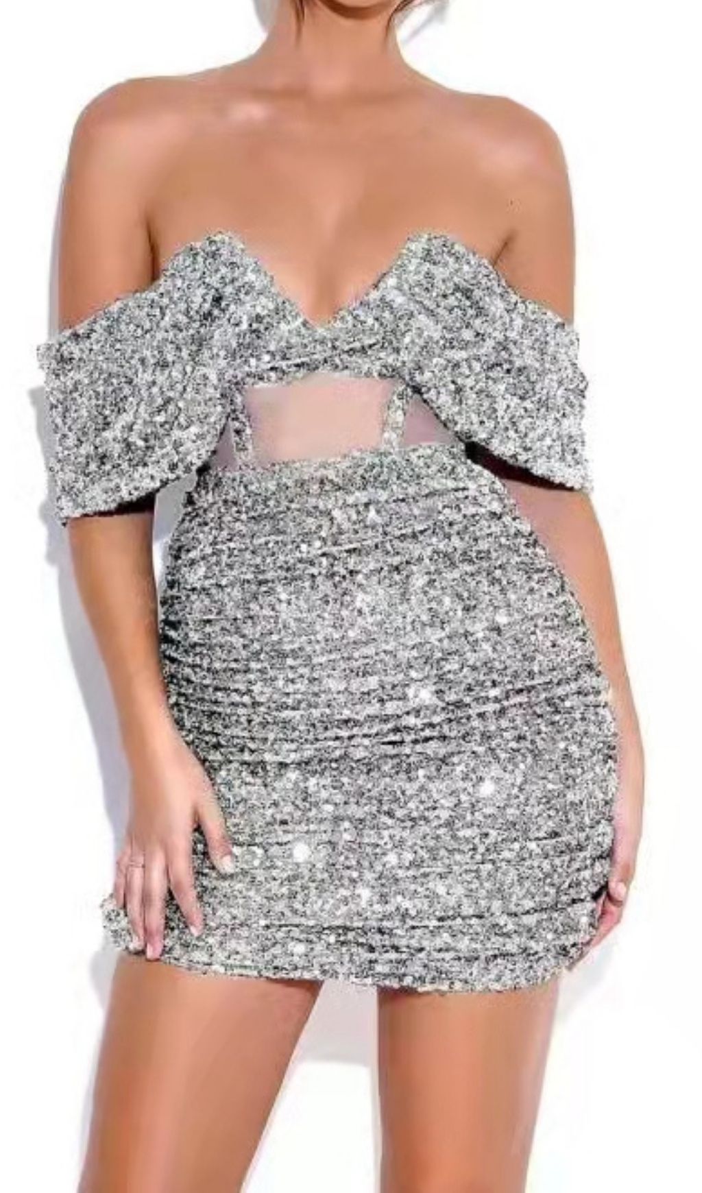 SLIVER SEQUIN STRAPLESS MINI DRESS