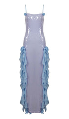 SPAGHETTI STRAP RUFFLE MAXI DRESS IN SKY BLUE