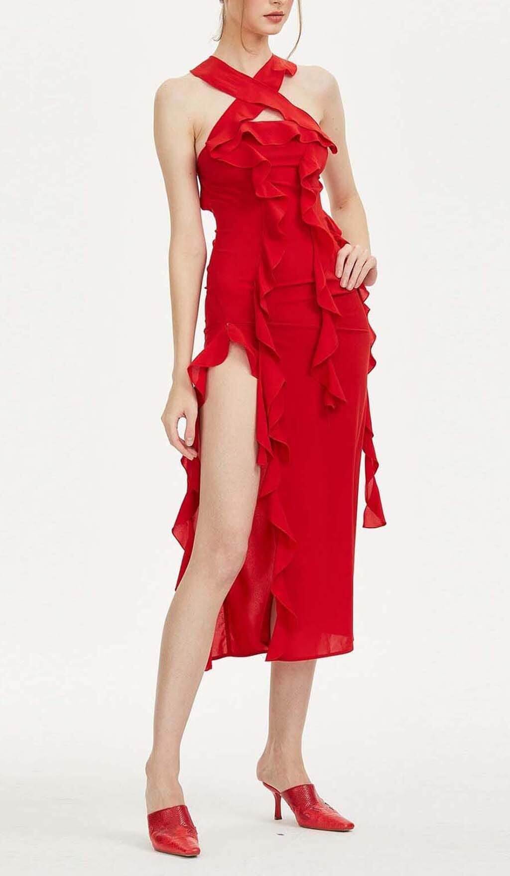 Mesh Ruffle Slit Dress STRAPLESS RUFFLE SLIT MIDI DRESS IN RED – Aesvs