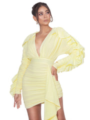 SAMARA YELLOW DRAPING RUFFLE SLEEVE DRESS