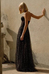 STRAPPY DRAPED RHINESTONE TULLE CORSET MAXI DRESS IN BLACK