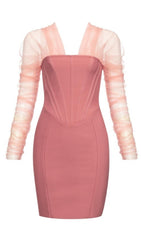 OFF SHOULDER MESH MINI DRESS IN PINK