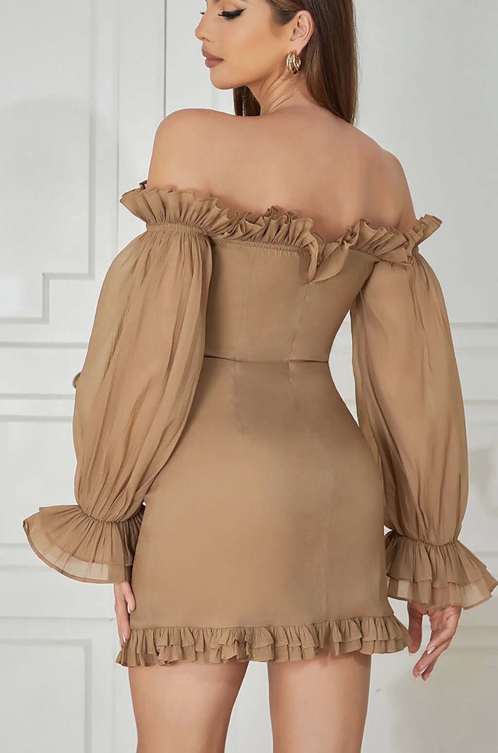 TEXTURED RUCHED FRILL MINI DRESS IN BROWN