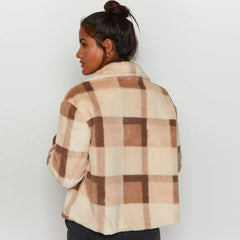 Check Print Long Sleeve Flap Pocket Fur Teddy Jacket - Brown