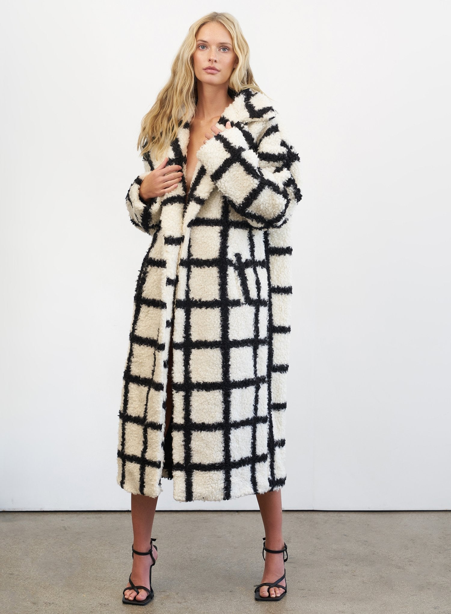 Nina Faux Fur Check Coat Cream And Black