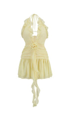 V NECK FLOWER RUFFLE MINI DRESS IN YELLOW