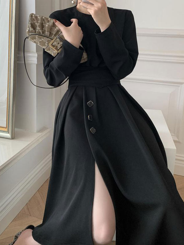 Buttoned Long Sleeve Corset Midi Dress