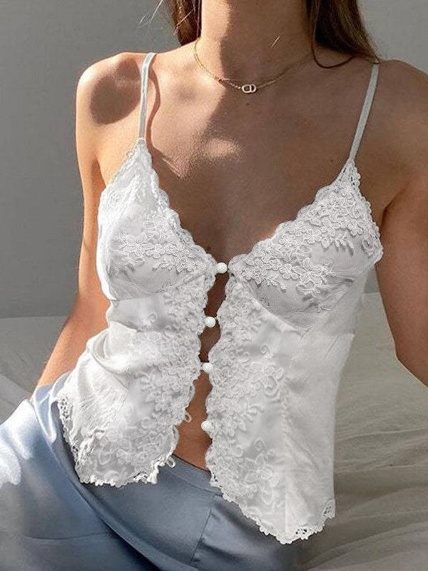 Button Up Lace Crop Cami Top