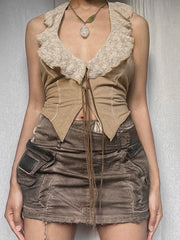 Panel Lace Tie Front Halter Tank Top