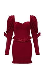 VELVET PUFF SLEEVE MINI DRESS IN WINE RED