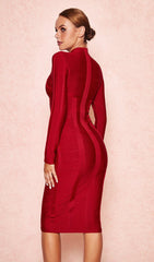 WINE CUT OUT LONG SLEEVE BANDAGE DRESS