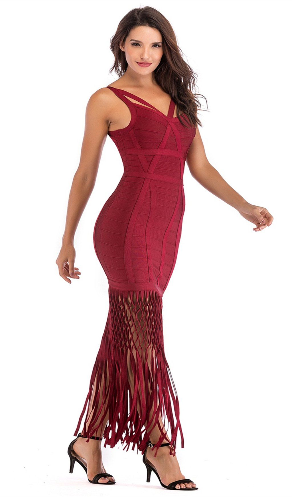 WINE DRAPED  MAXI BANDAGE DRESS