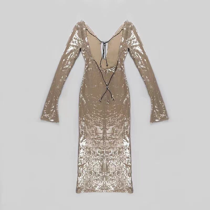 SEQUINED WITH LONG SLEEVES AND BACKLESS DRESS IN KHAKI