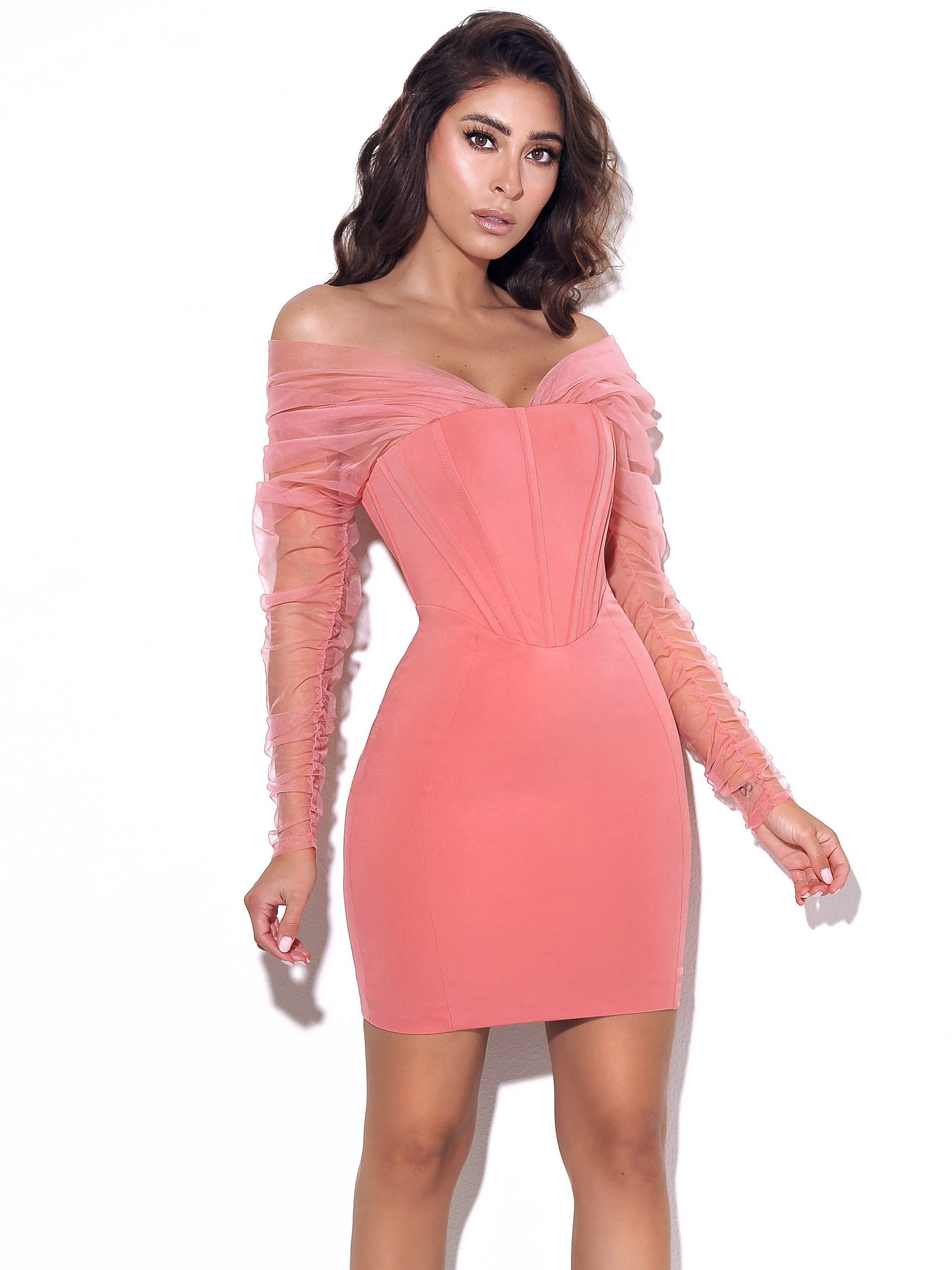 OFF SHOULDER MESH MINI DRESS IN PINK