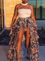 Print High Low Tulle Slit Skirt