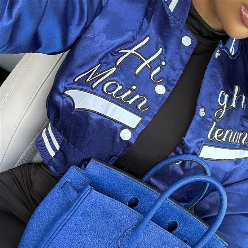 Letter Print Button Up Cropped Varsity Bomber Jacket - Royal Blue