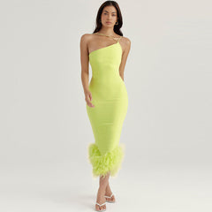 Feather Trim Sleeveless Bodycon Cocktail Midi Dress - Lime Green