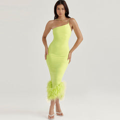 Feather Trim Sleeveless Bodycon Cocktail Midi Dress - Lime Green