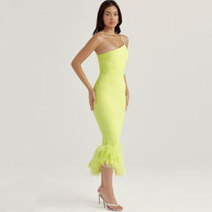 Feather Trim Sleeveless Bodycon Cocktail Midi Dress - Lime Green