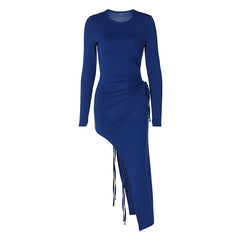 Drawstring Crew Neck Long Sleeve Split Maxi Dress - Royal Blue