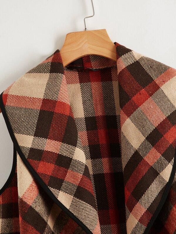 Asymmetrical Hem Plaid Waterfall Coat