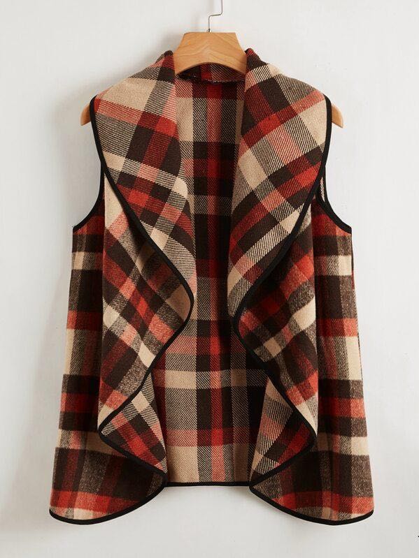 Asymmetrical Hem Plaid Waterfall Coat