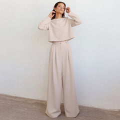 Long Sleeve Crop Top Wide Leg Pant Matching Set - Khaki