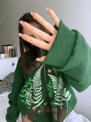 Botanical Print Green Zip-Up Hoodie