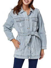 Boyfriend Ripped Light Wash Belt Denim Coat