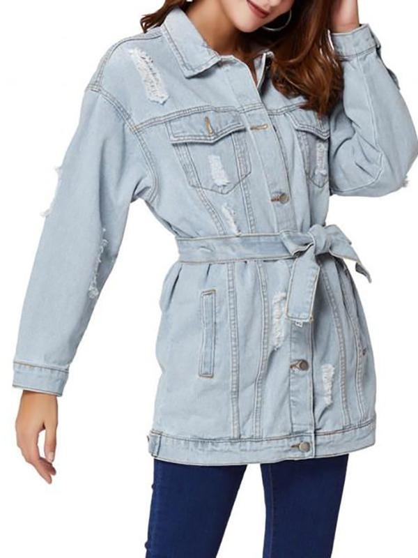 Boyfriend Ripped Light Wash Belt Denim Coat