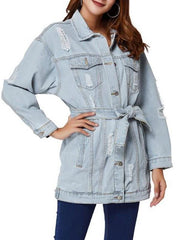 Boyfriend Ripped Light Wash Belt Denim Coat