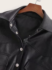 Button Front Flap Pocket Belted PU Coat