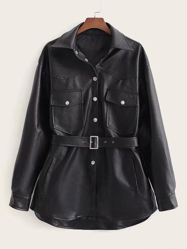 Button Front Flap Pocket Belted PU Coat