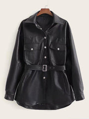Button Front Flap Pocket Belted PU Coat