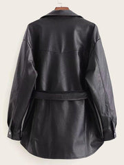 Button Front Flap Pocket Belted PU Coat
