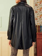 Button Up Curved Hem PU Leather Coat