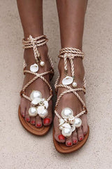 Pearl Lace Up Flat Sandals