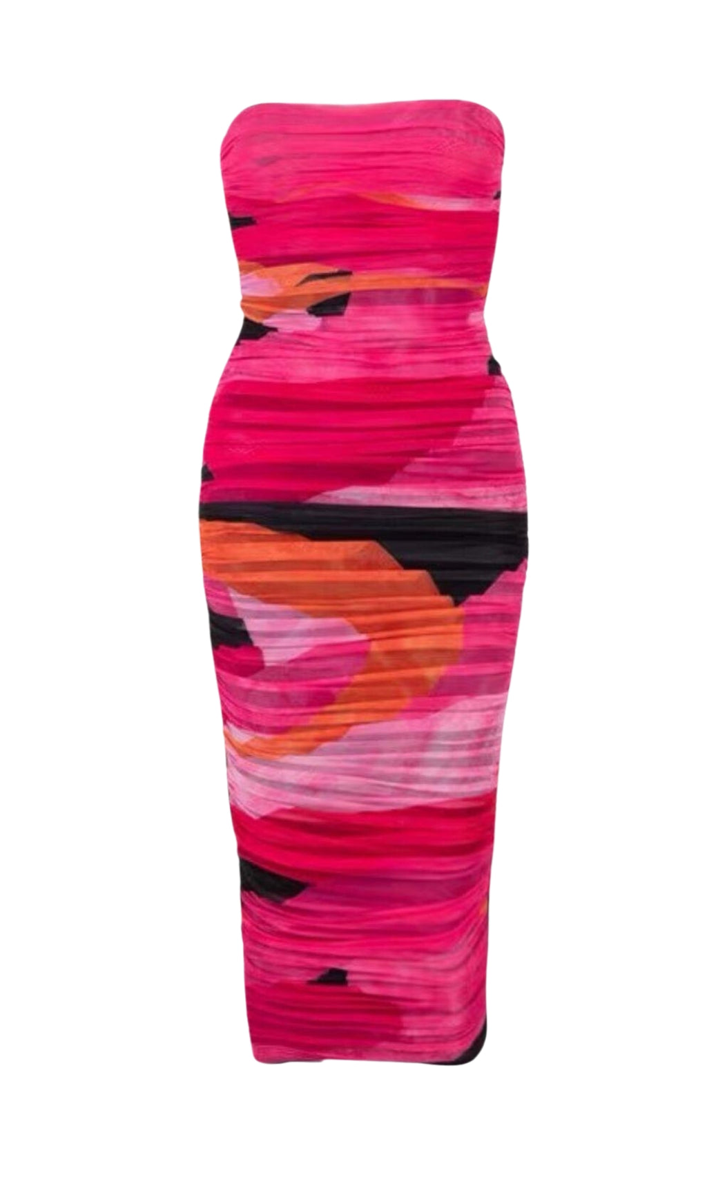 MULTICOLOURED STRAPLESS RUCHED MIDI DRESS